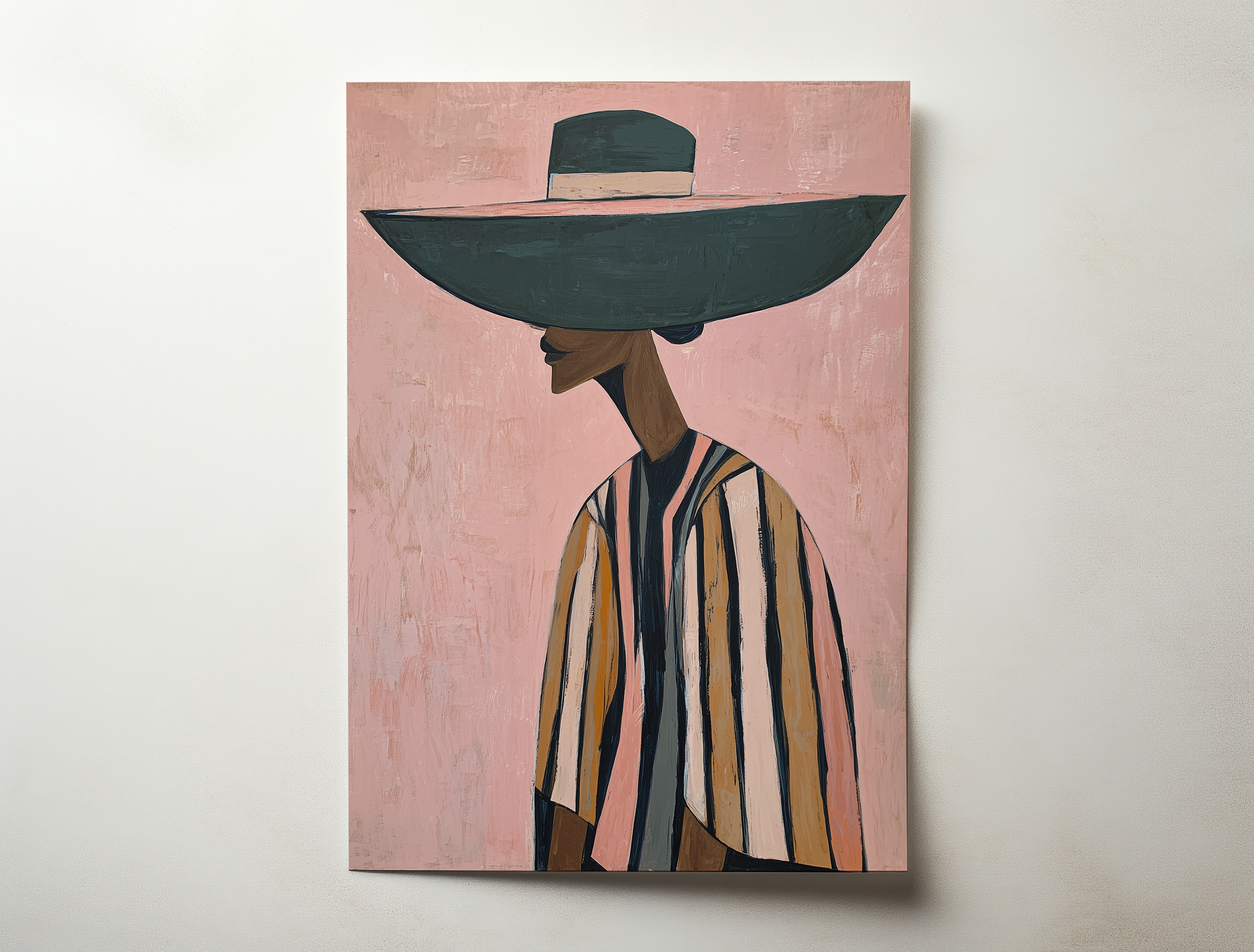 Minimalist fashion portrait art print of a woman in oversized hat with soft blush background and modern illustration style wall decor