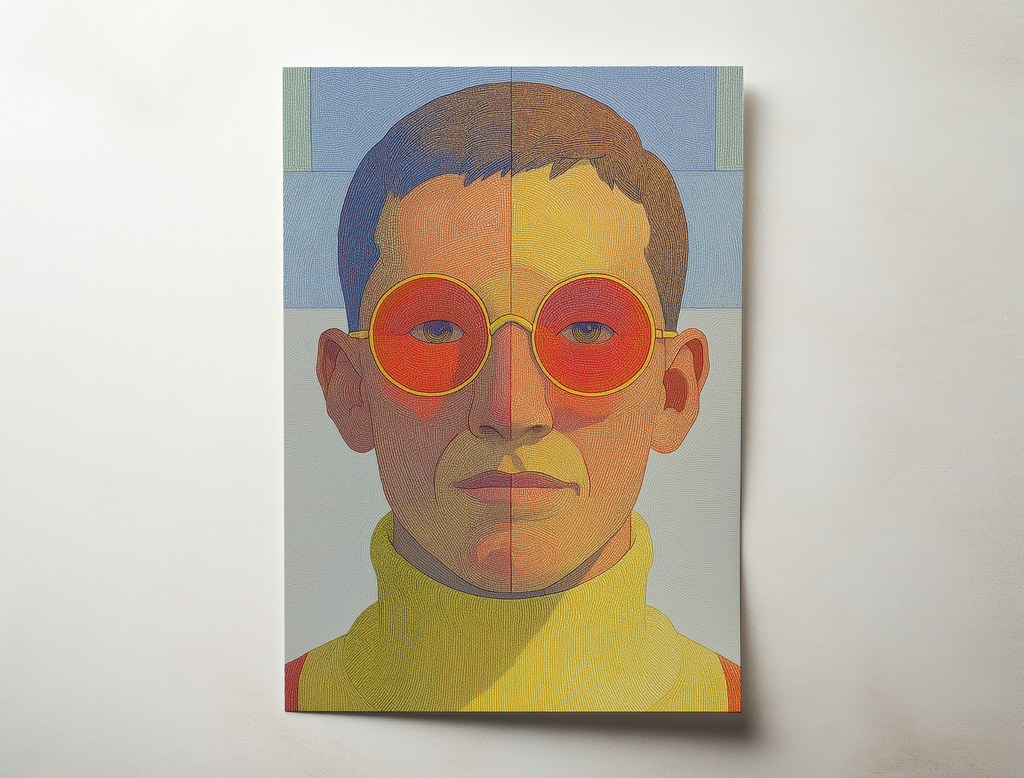 modern graphic portrait illustration of a man with round red glasses, colorful textured face, contemporary art print for living room or office wall decor