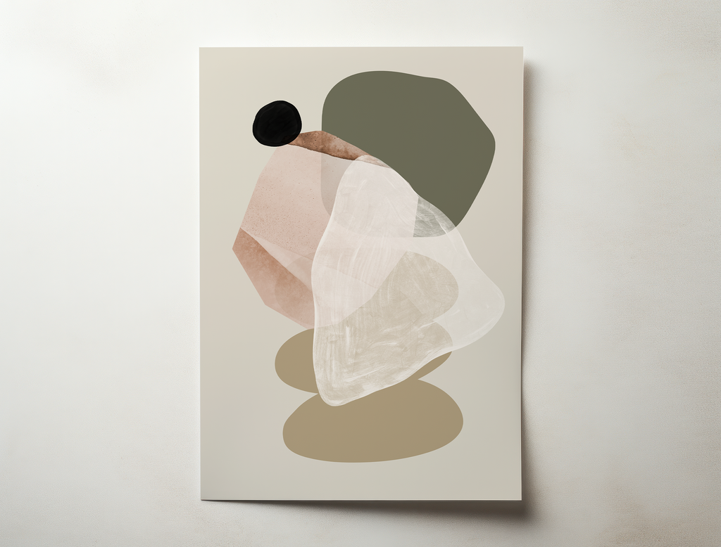 Minimal abstract art print with layered organic shapes in soft beige, olive green and off-white tones on a light background