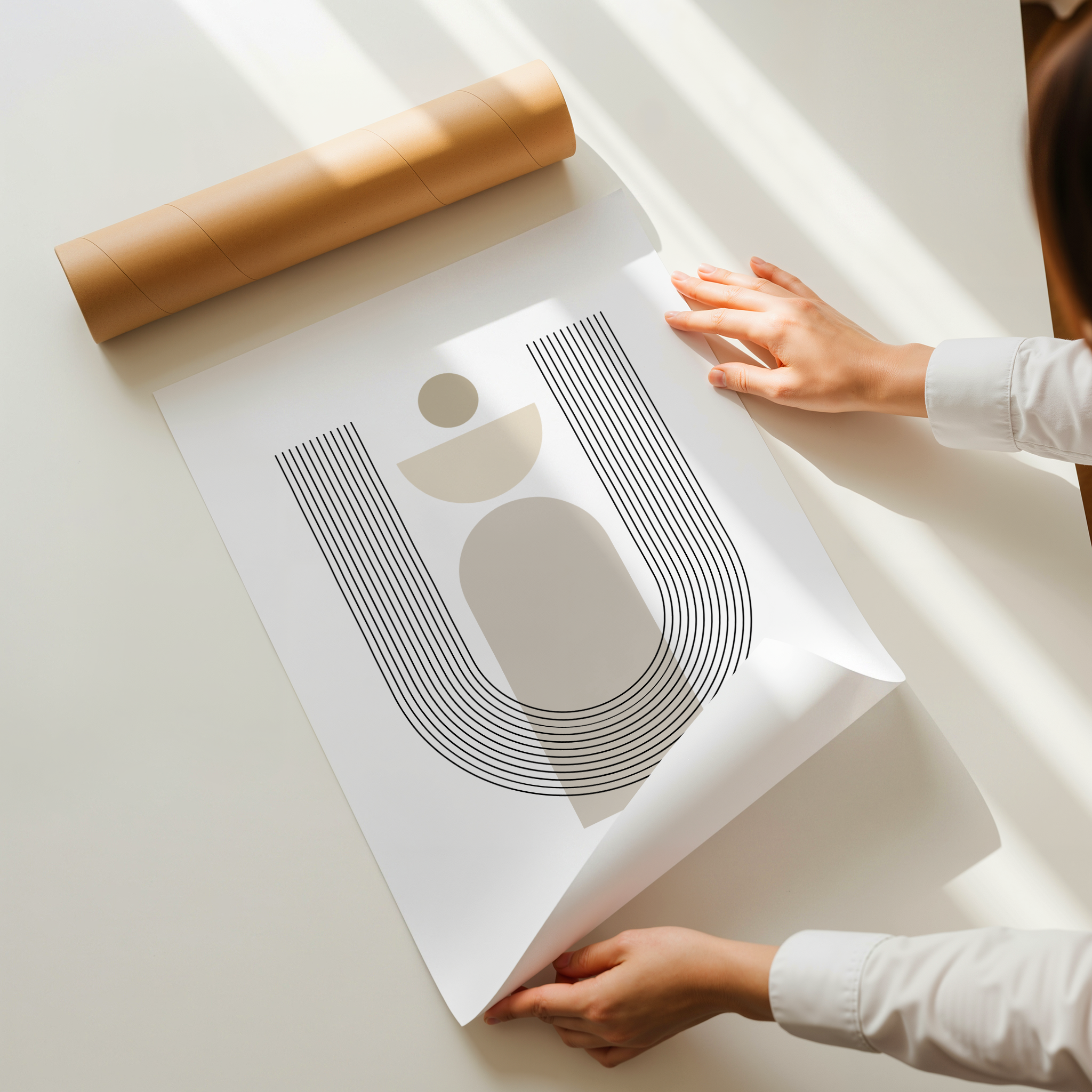 Minimal geometric abstract art print with soft curves and neutral beige tones