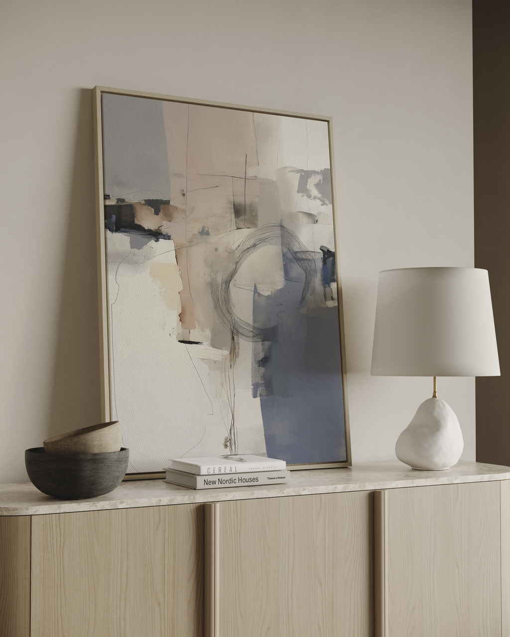 Modern abstract wall art with neutral tones and soft architectural shapes
