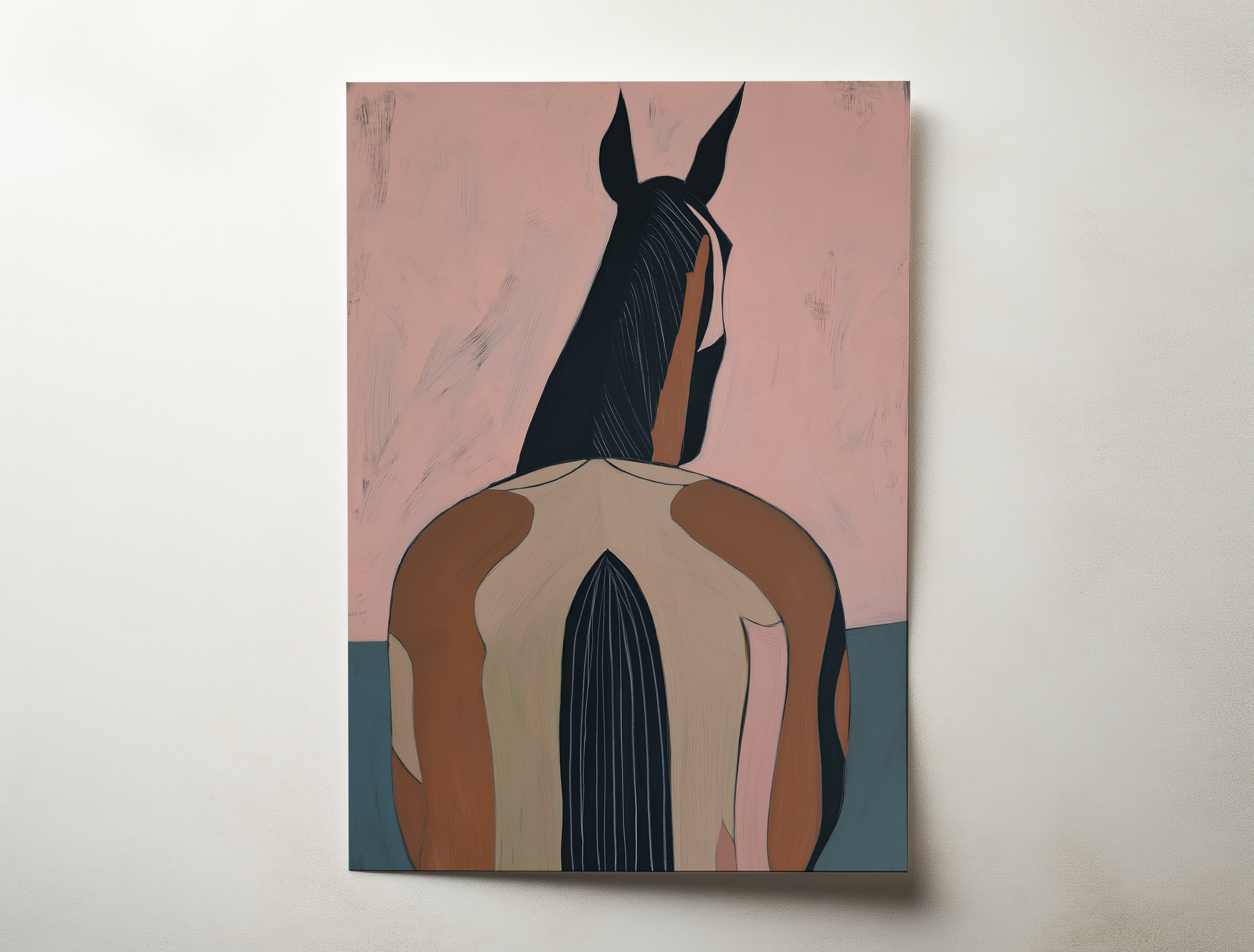 Minimalist horse silhouette art print viewed from behind in blush pink and earthy brown tones on a textured background