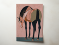 Minimalist horse illustration with head lowered in warm brown and blush tones on a textured background