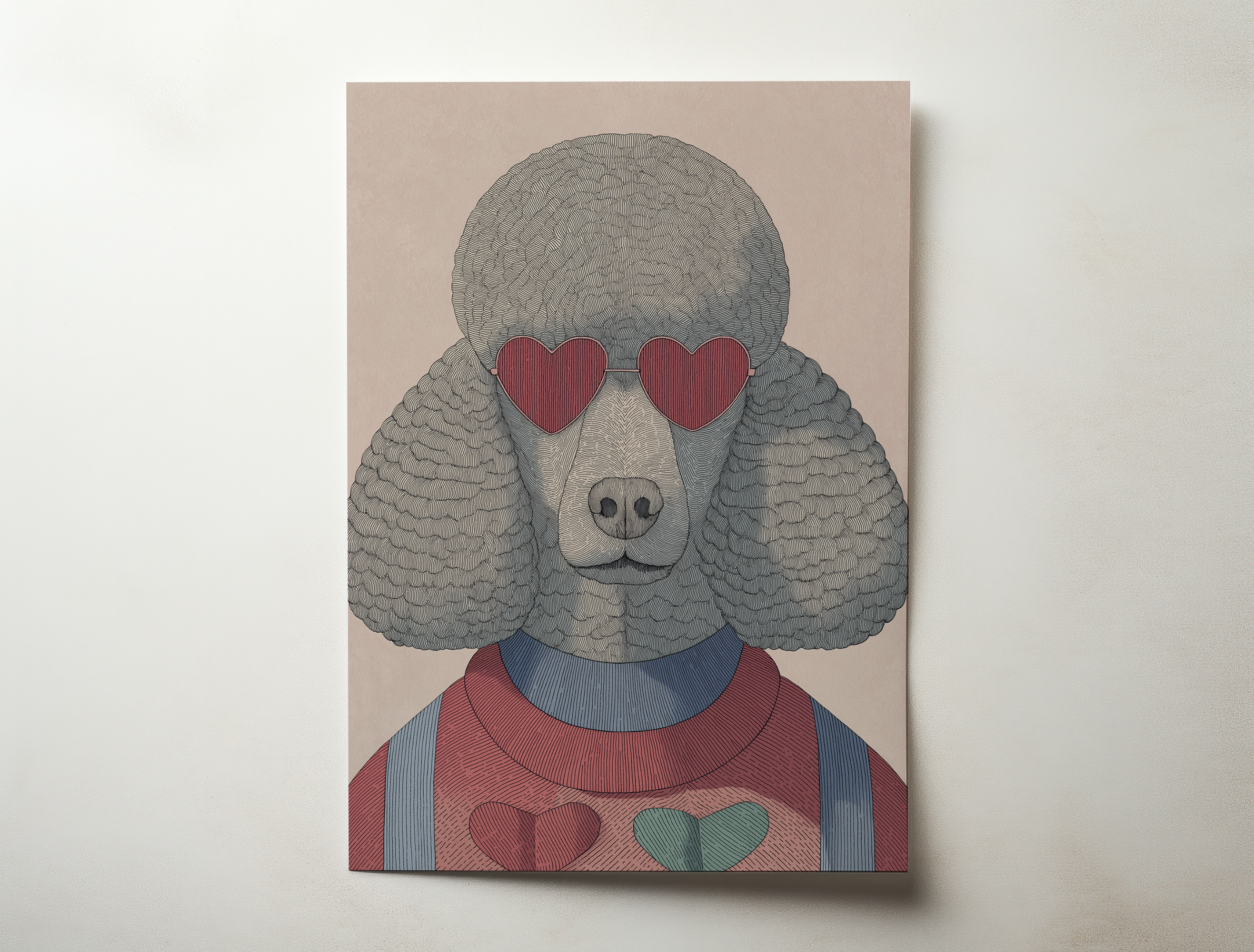Belcour modern poodle wall art featuring a stylized dog with heart-shaped sunglasses and detailed graphic textures