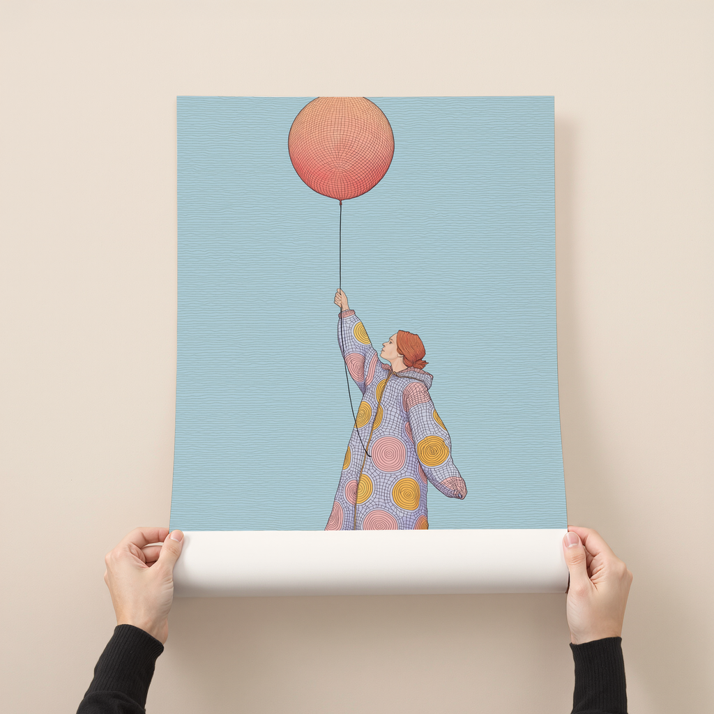 Minimalist illustration of a woman holding a balloon on a soft blue background with terracotta and coral tones