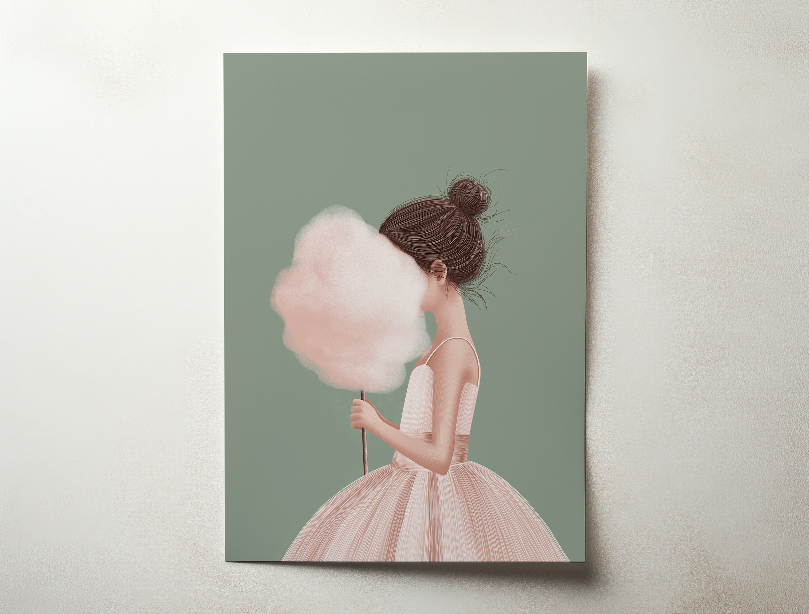 Aveline minimalist cotton candy girl illustration art print with sage green background