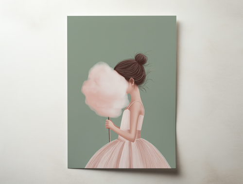 Aveline minimalist cotton candy girl illustration art print with sage green background