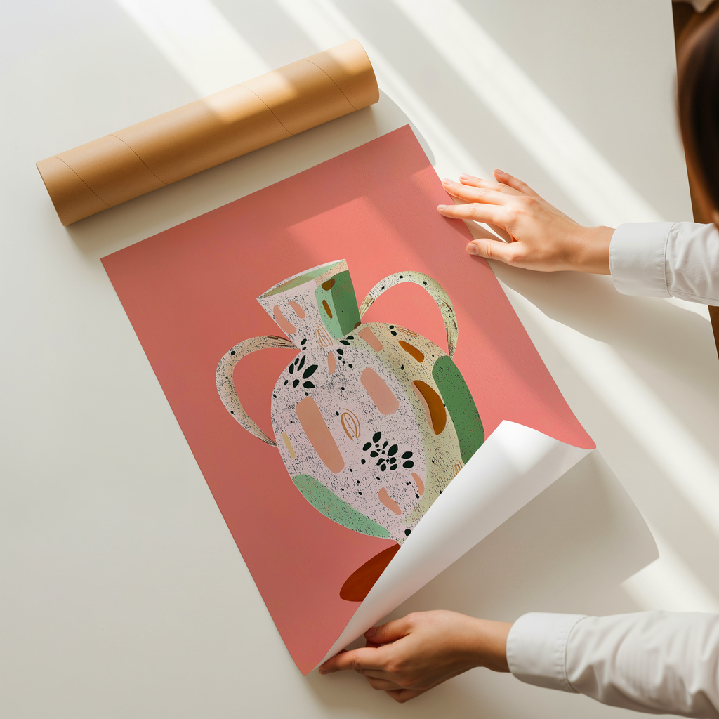 Mirova art print featuring a modern illustration of a ceramic vessel with terrazzo textures and warm earthy colors