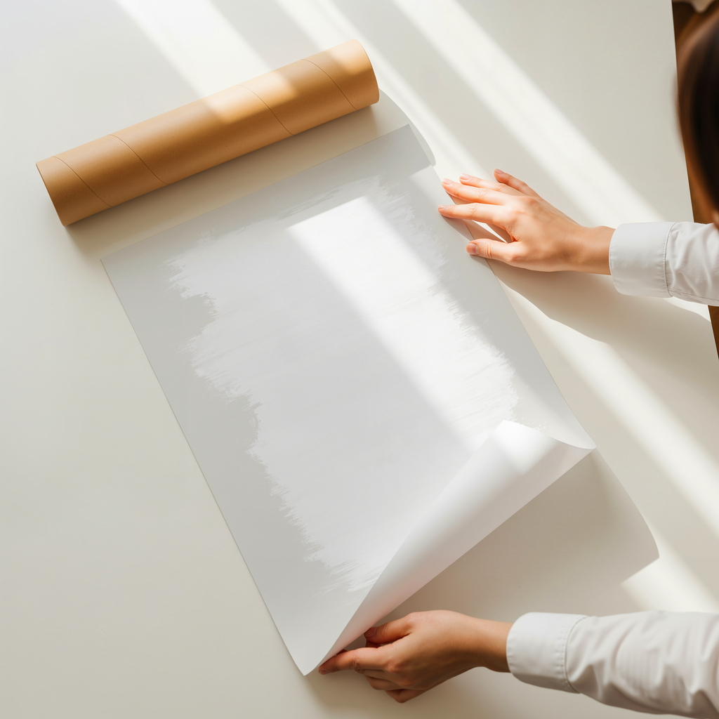 Minimal abstract wall art print with soft white and neutral brush textures, modern calm design for contemporary interiors.
