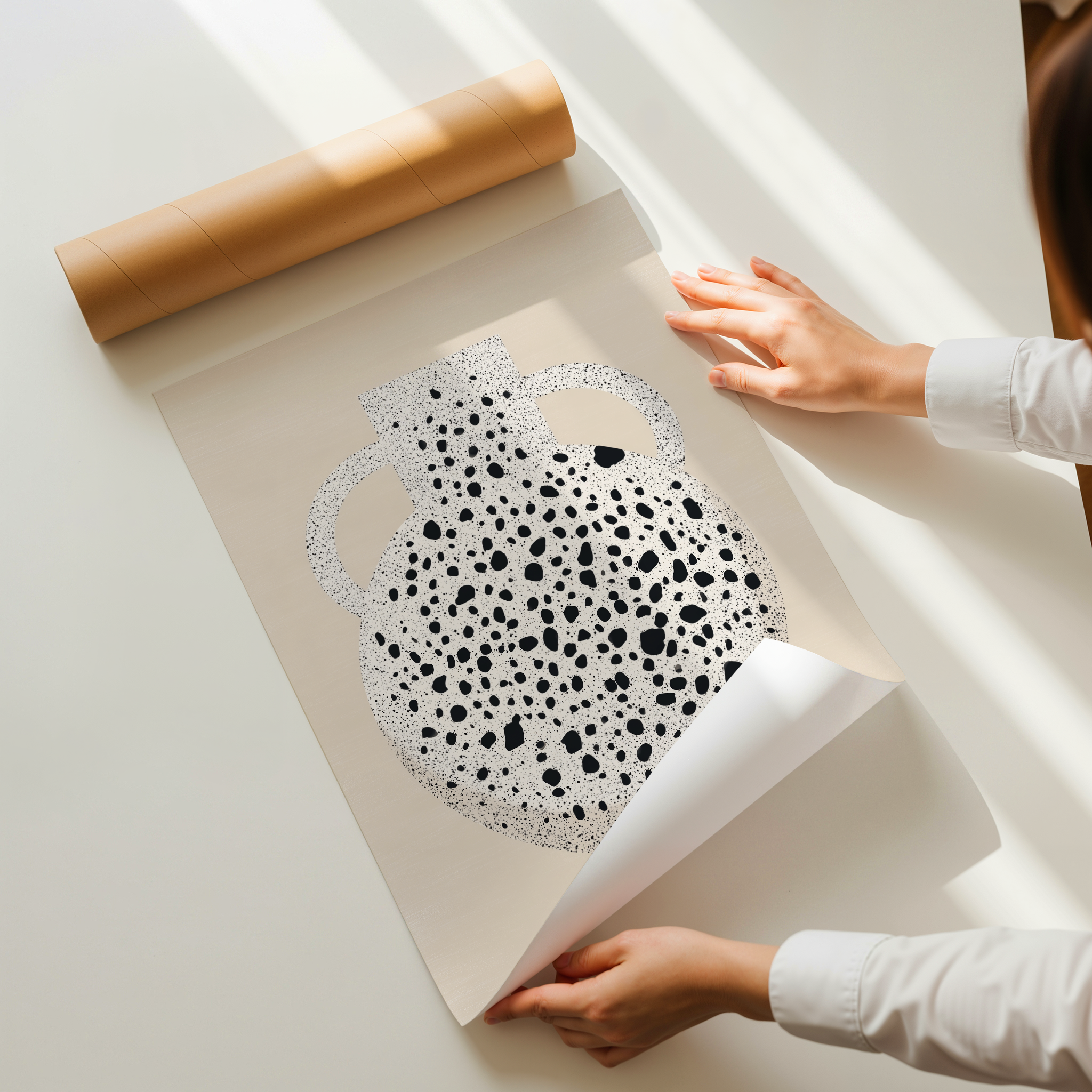 Abstract terrazzo-inspired vase illustration with black stone texture on a warm neutral background