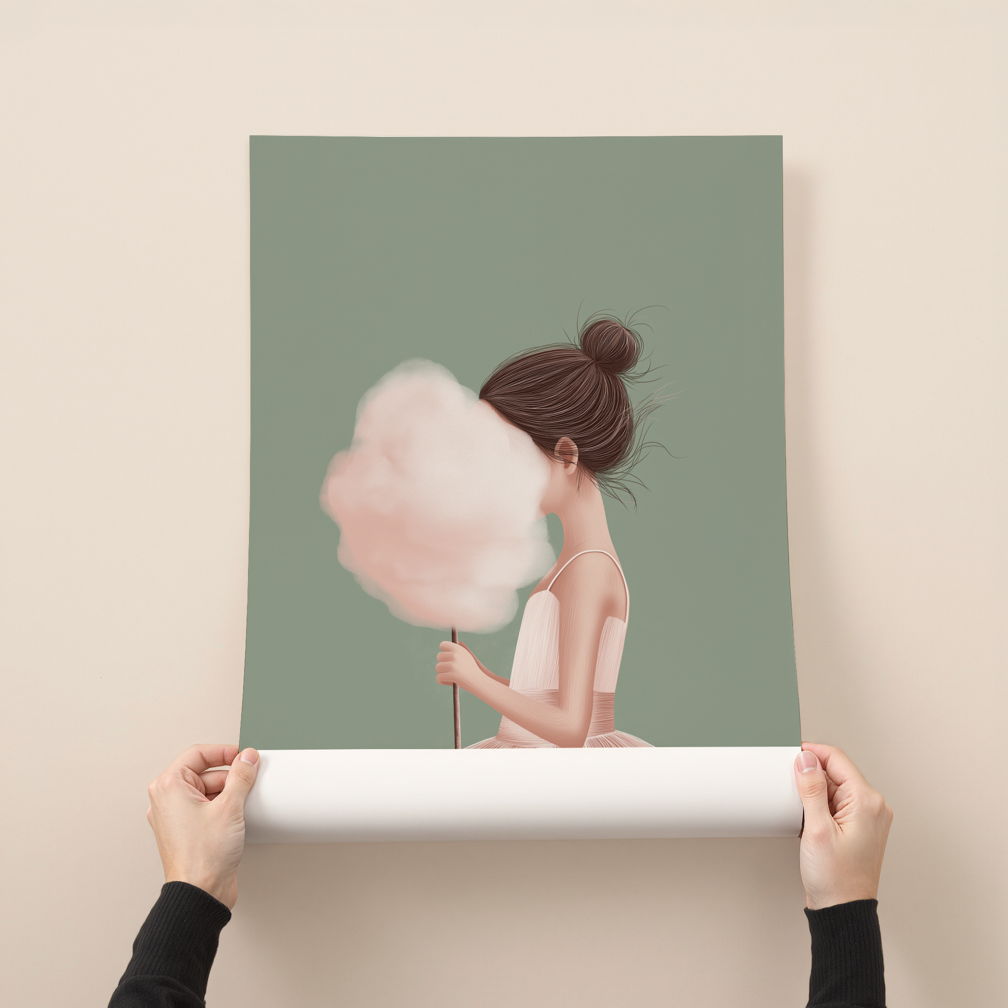 Aveline minimalist cotton candy girl illustration art print with sage green background