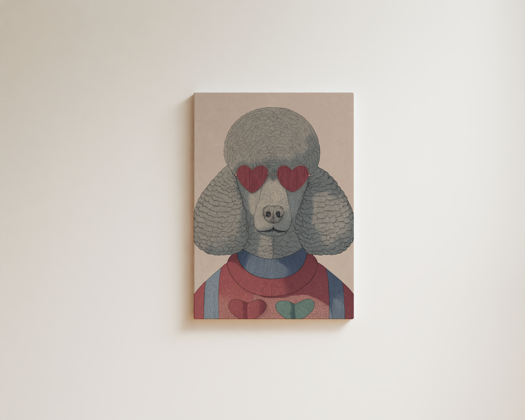 Stylish dog wall art with poodle wearing heart-shaped sunglasses