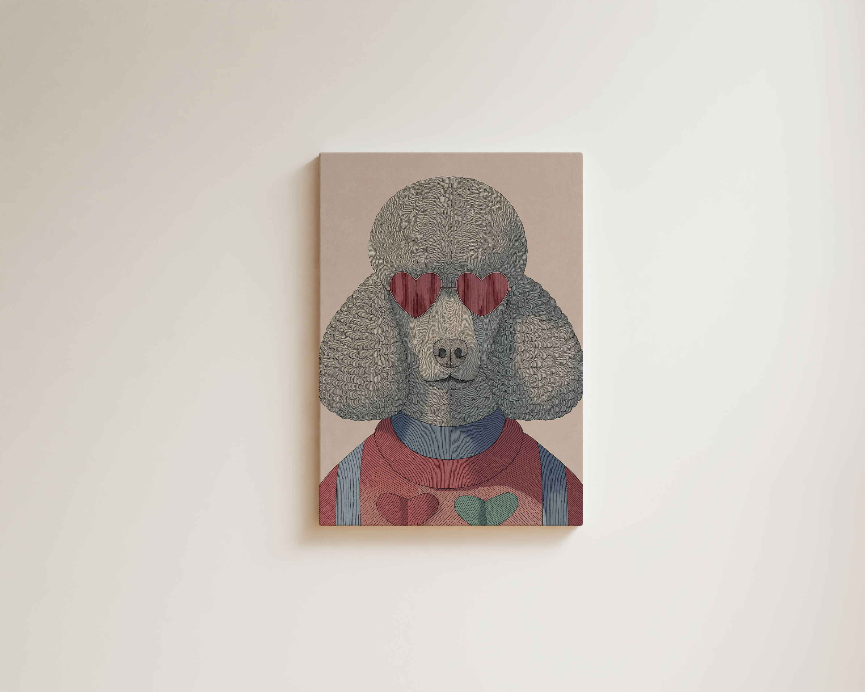 Stylish dog wall art with poodle wearing heart-shaped sunglasses