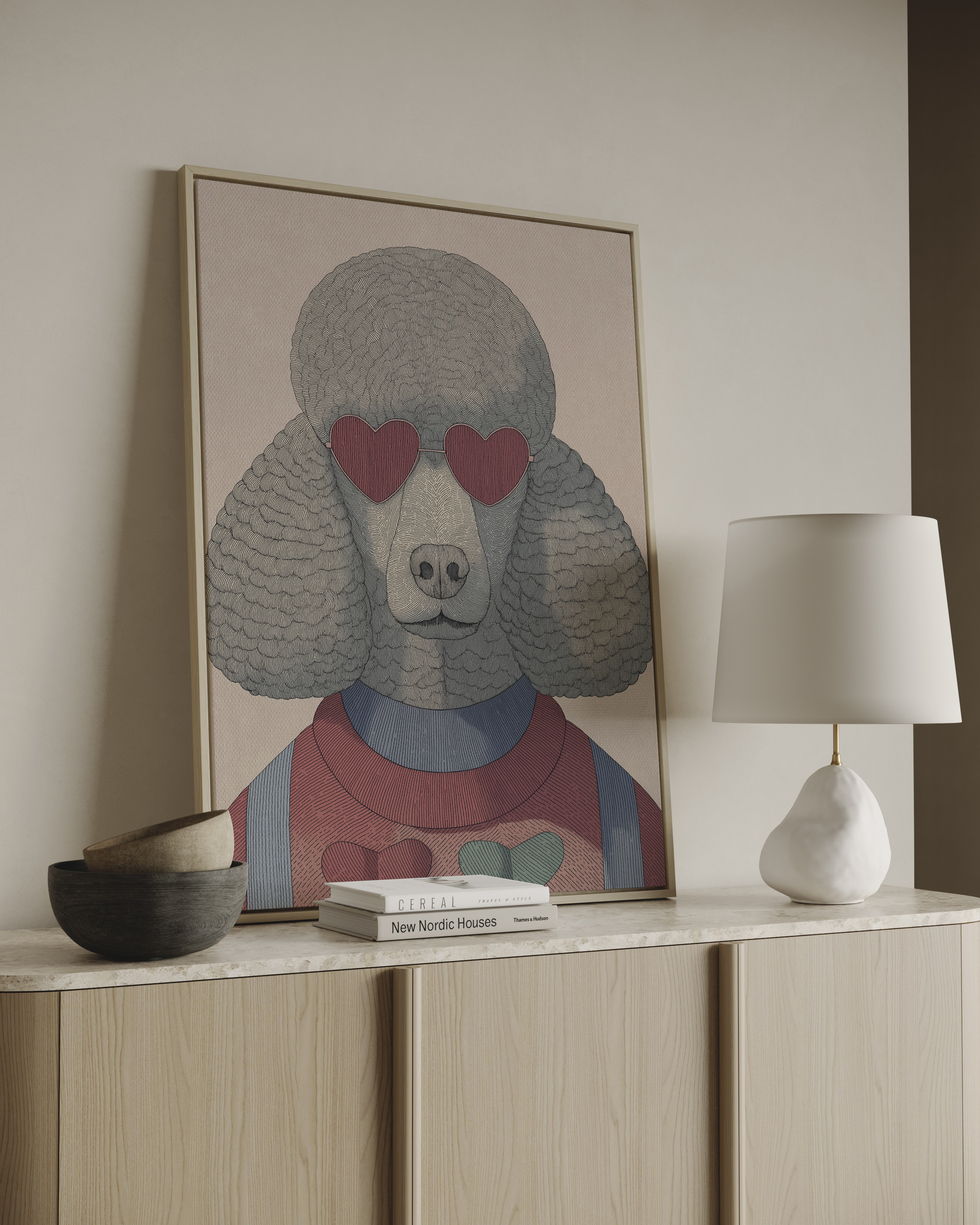Stylish dog wall art with poodle wearing heart-shaped sunglasses