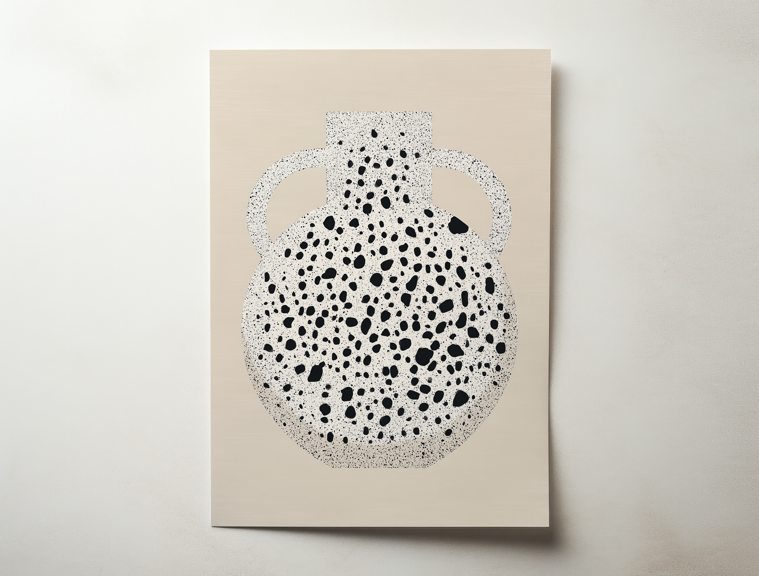 Abstract terrazzo-inspired vase illustration with black stone texture on a warm neutral background