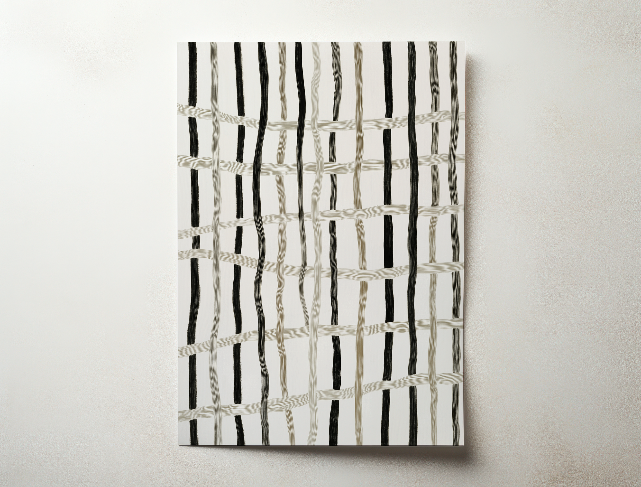 Minimalist abstract line art print with black and beige flowing lines on a neutral background