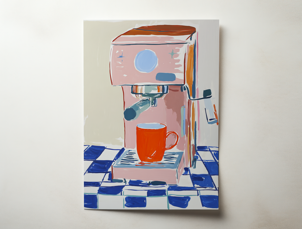 Modern illustration art print of a pink espresso machine and coffee cup in soft colors