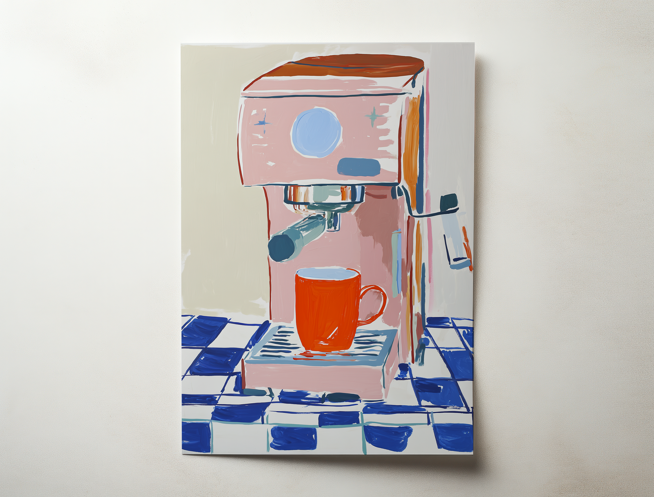 Modern illustration art print of a pink espresso machine and coffee cup in soft colors