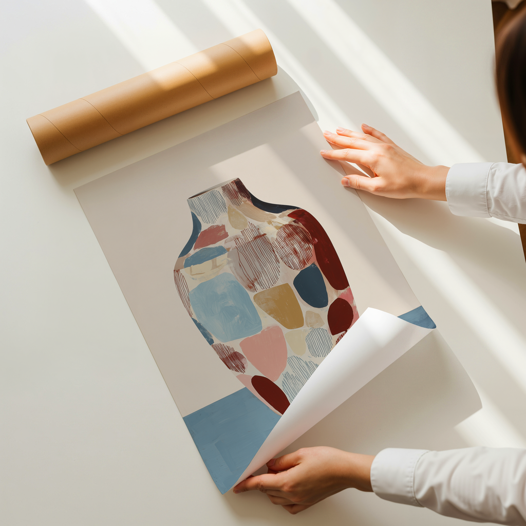 Abstract ceramic vase art print in earthy tones displayed as modern kitchen wall decor