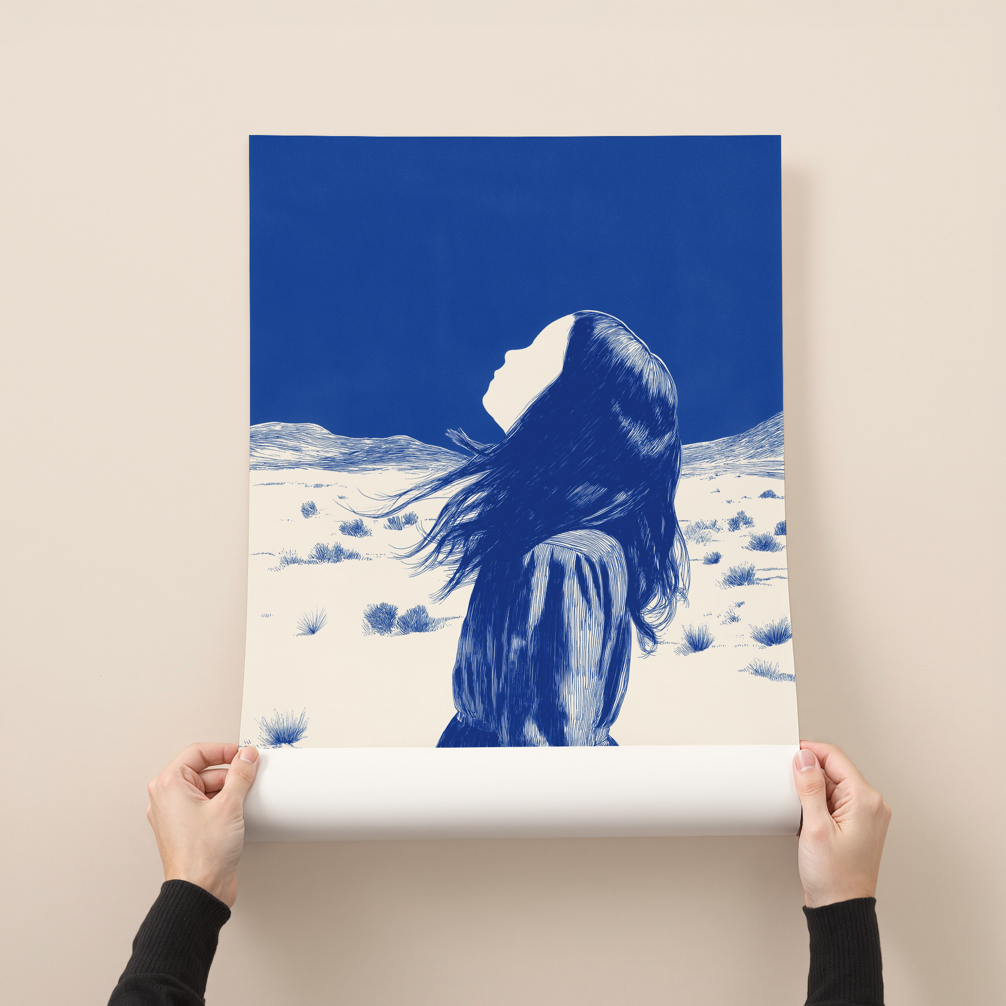 Elira minimalist portrait wall art showing a woman in a blue desert landscape looking toward the sky