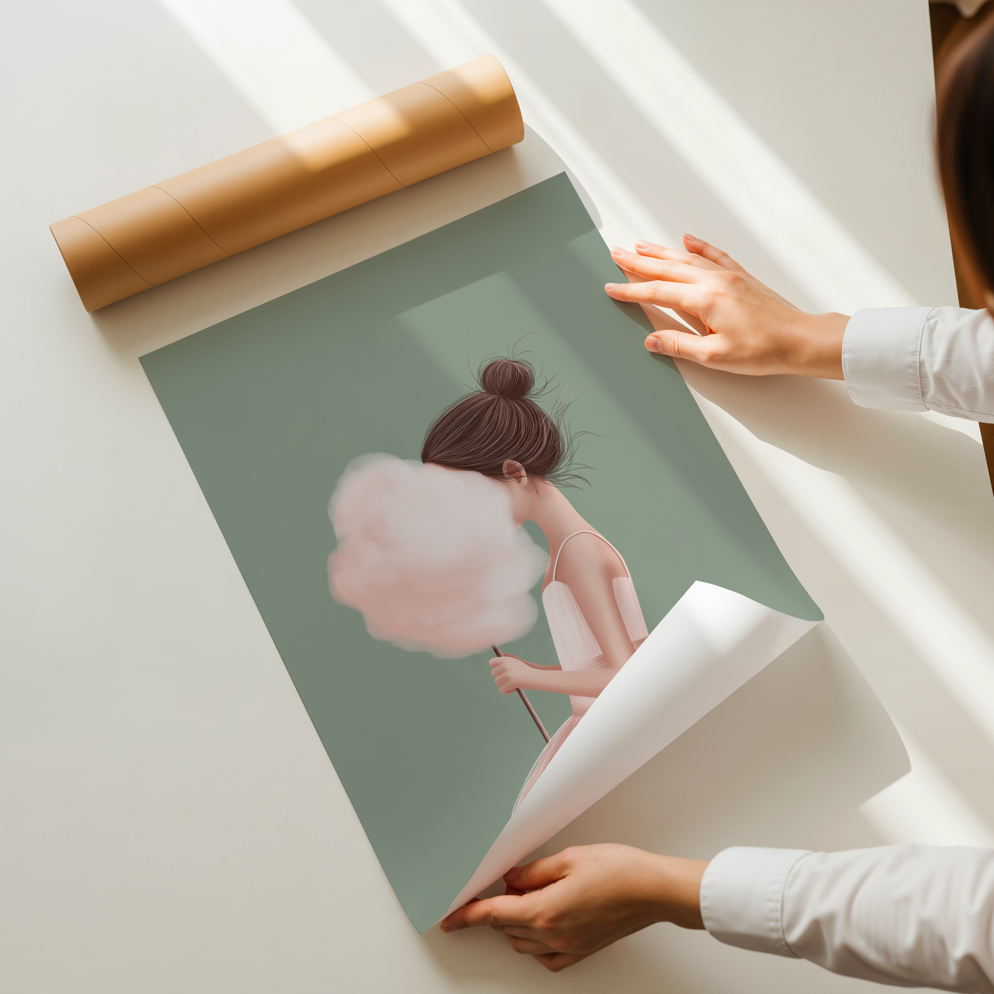 Aveline minimalist cotton candy girl illustration art print with sage green background