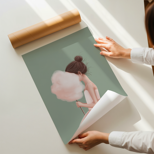 Aveline minimalist cotton candy girl illustration art print with sage green background