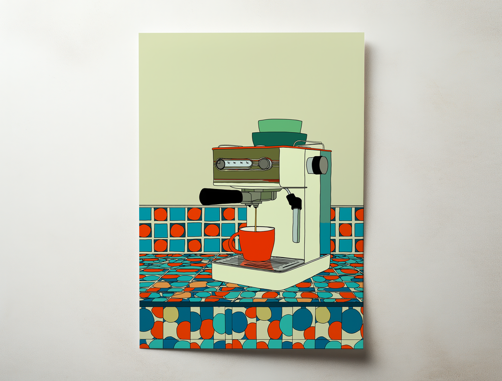 Brew Station retro illustration art print featuring an espresso machine brewing coffee on a colorful patterned kitchen counter