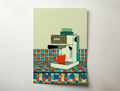 Brew Station retro illustration art print featuring an espresso machine brewing coffee on a colorful patterned kitchen counter