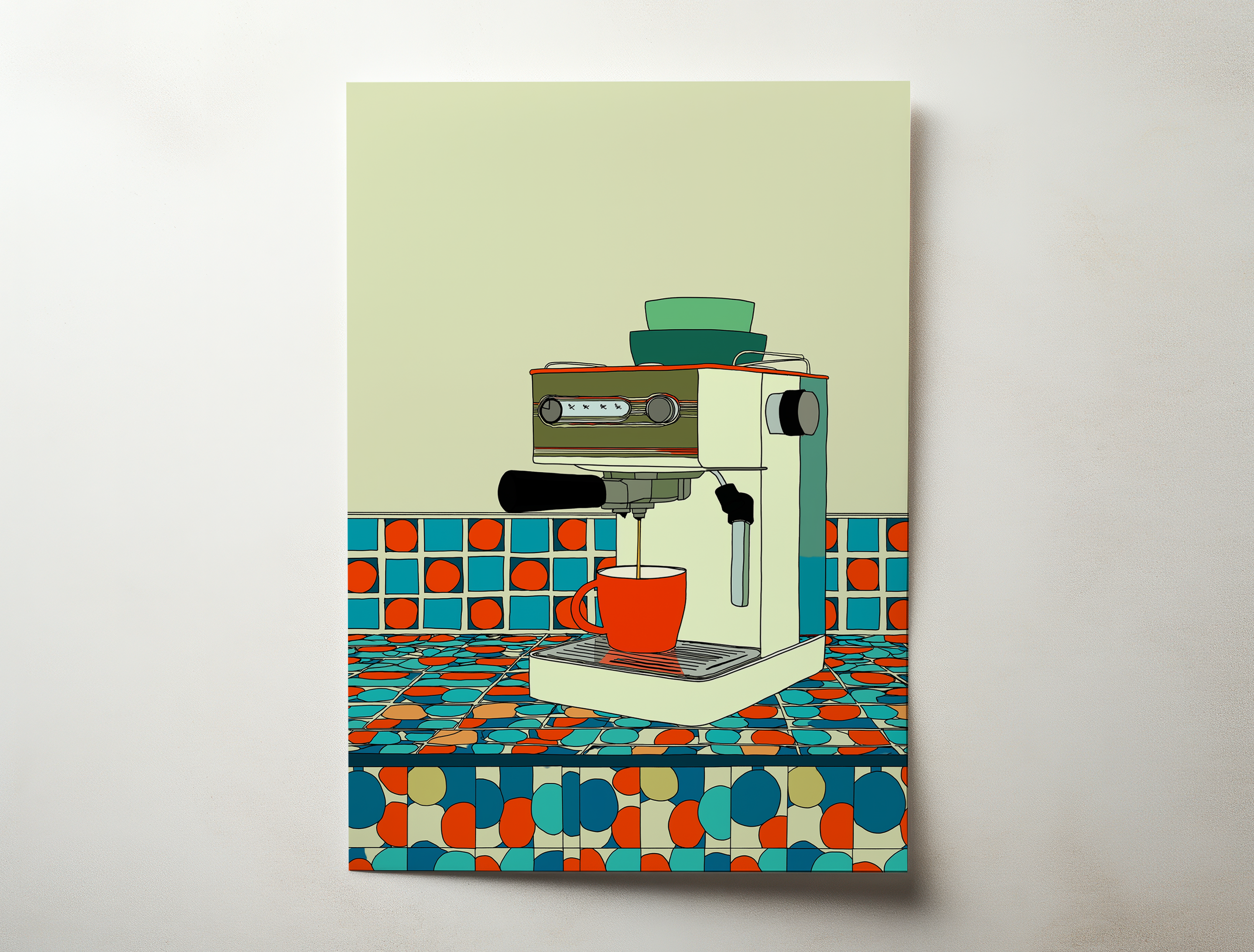 Brew Station retro illustration art print featuring an espresso machine brewing coffee on a colorful patterned kitchen counter