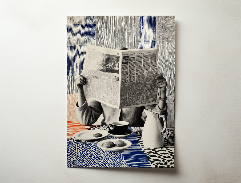 Morning Edition art print showing a person reading a newspaper at a breakfast table with coffee and pastries against a blue patterned background
