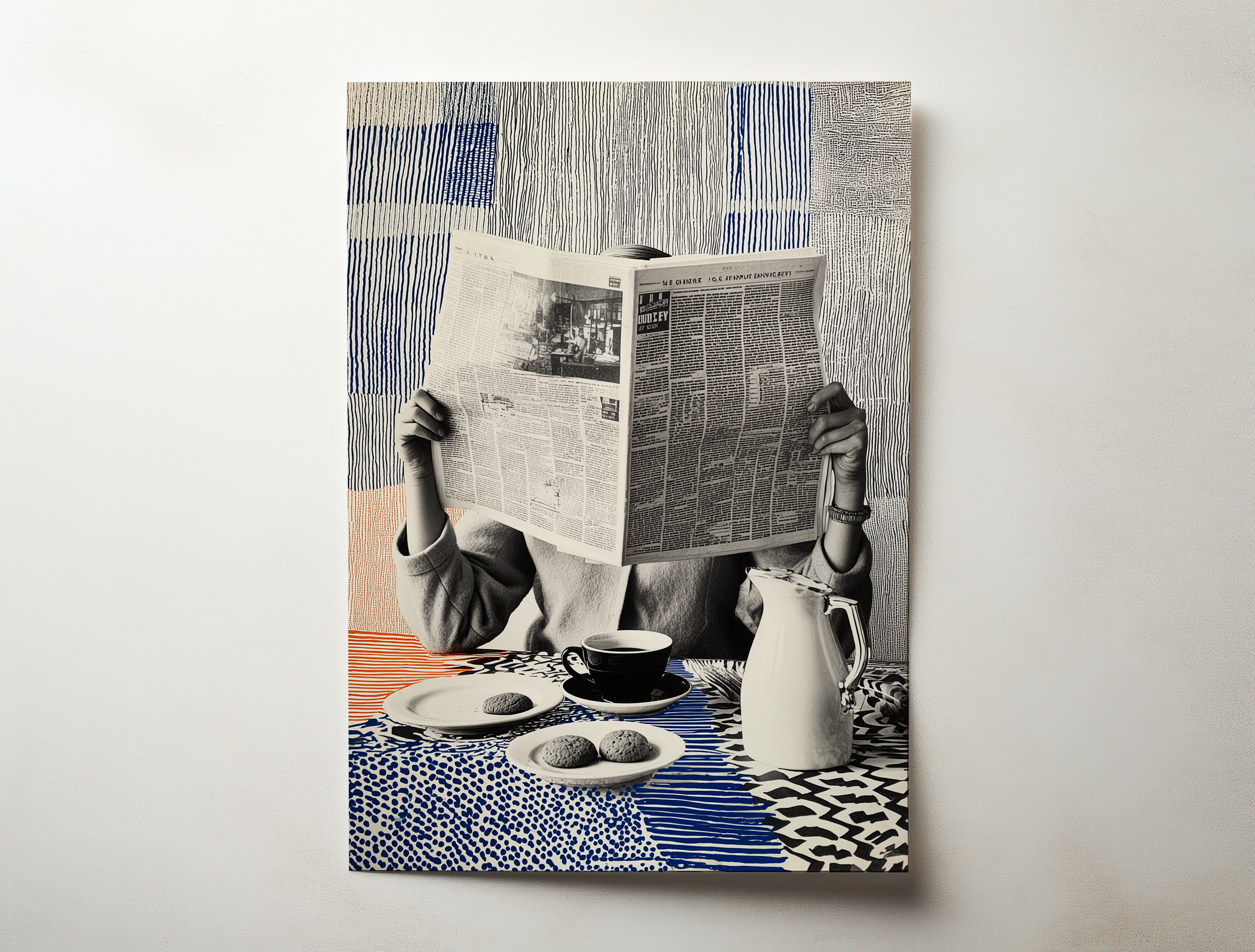 Morning Edition art print showing a person reading a newspaper at a breakfast table with coffee and pastries against a blue patterned background