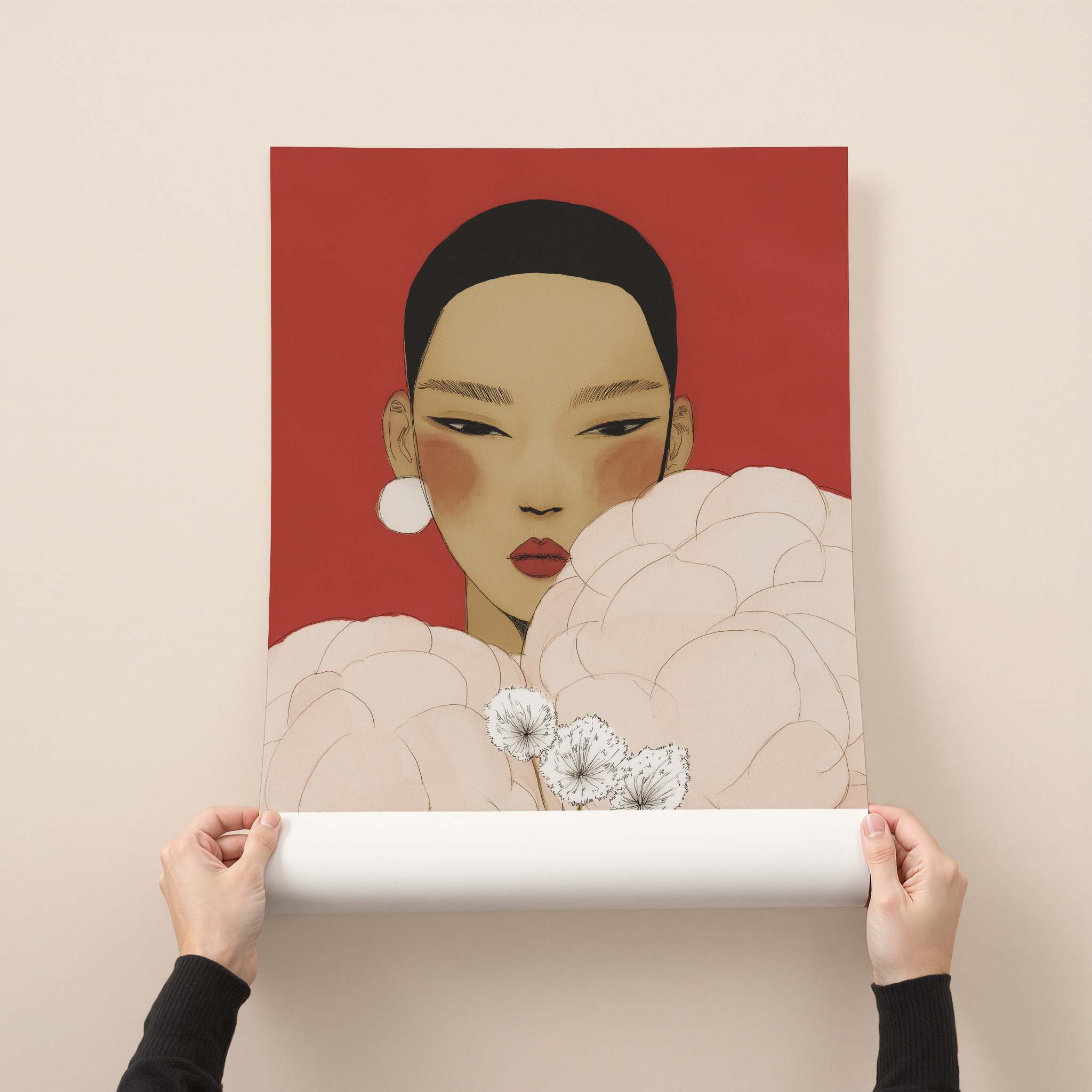 Naomi portrait wall art print showing an elegant woman illustration with floral elements and a bold red background