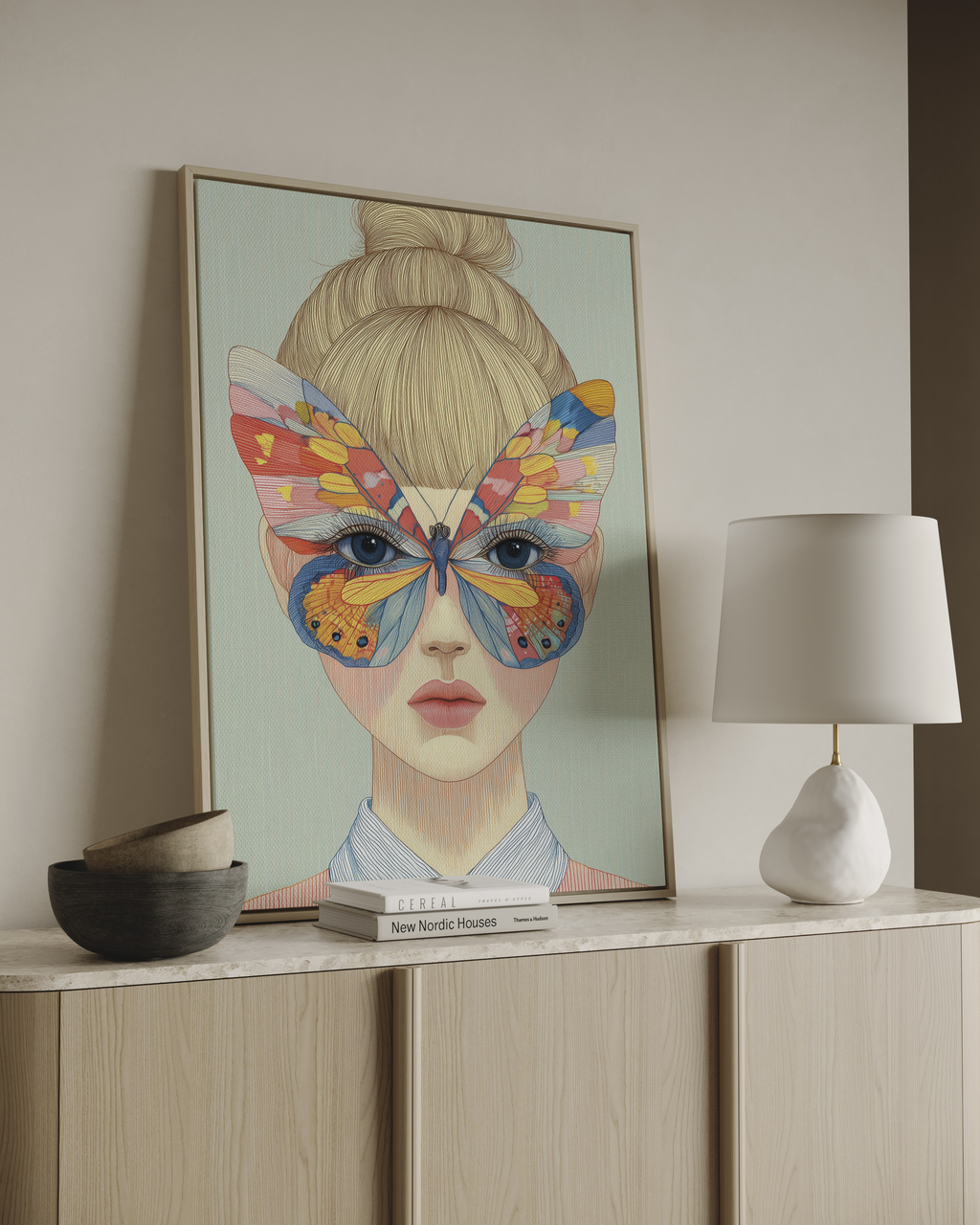 modern butterfly wall art feminine portrait structured colorful canvas