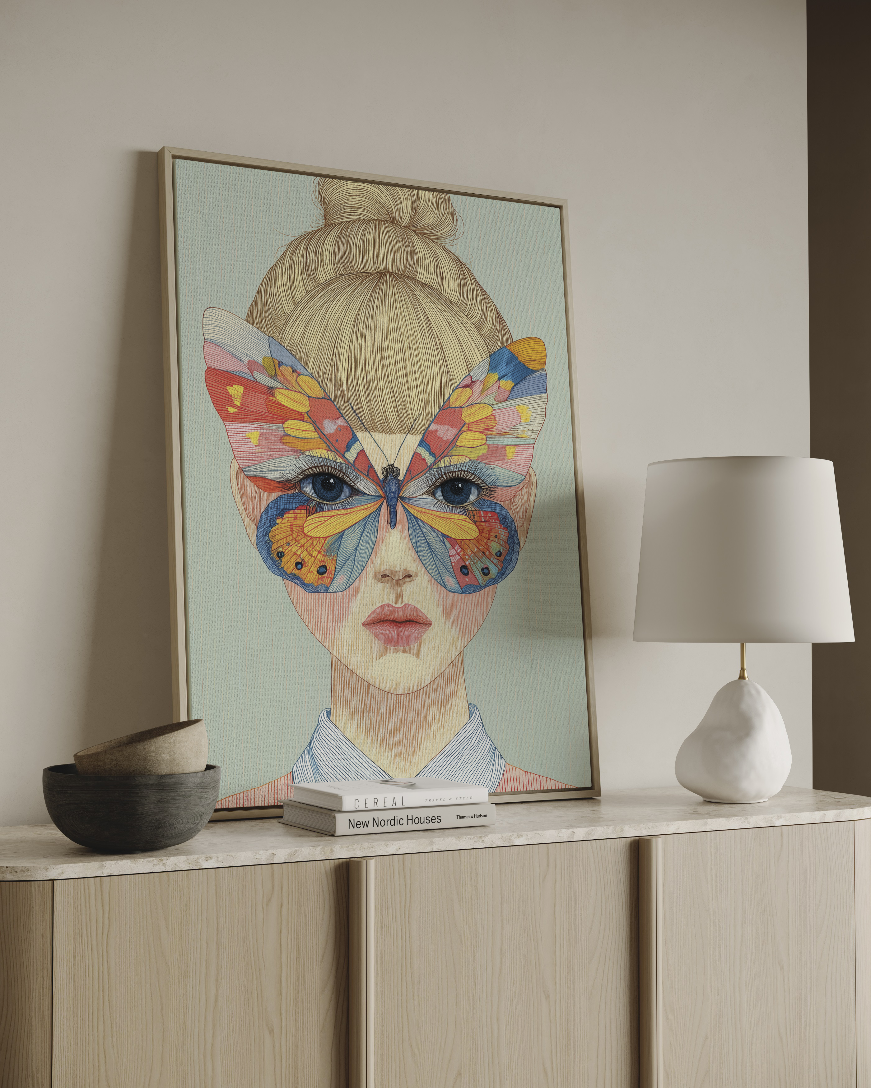 modern butterfly wall art feminine portrait structured colorful canvas