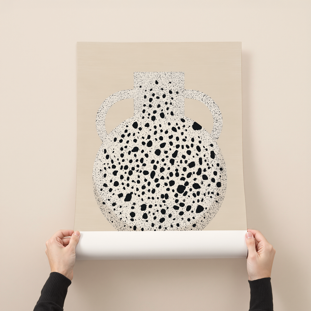 Abstract terrazzo-inspired vase illustration with black stone texture on a warm neutral background