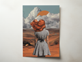 Aurelia desert portrait wall art showing a woman with flowing red hair standing in a vast desert landscape beneath dramatic clouds and a rising sun