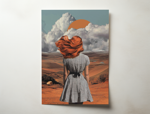 Aurelia desert portrait wall art showing a woman with flowing red hair standing in a vast desert landscape beneath dramatic clouds and a rising sun