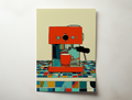 The Coffee Maker illustration wall art print showing a red espresso machine brewing coffee on a colorful tiled kitchen counter