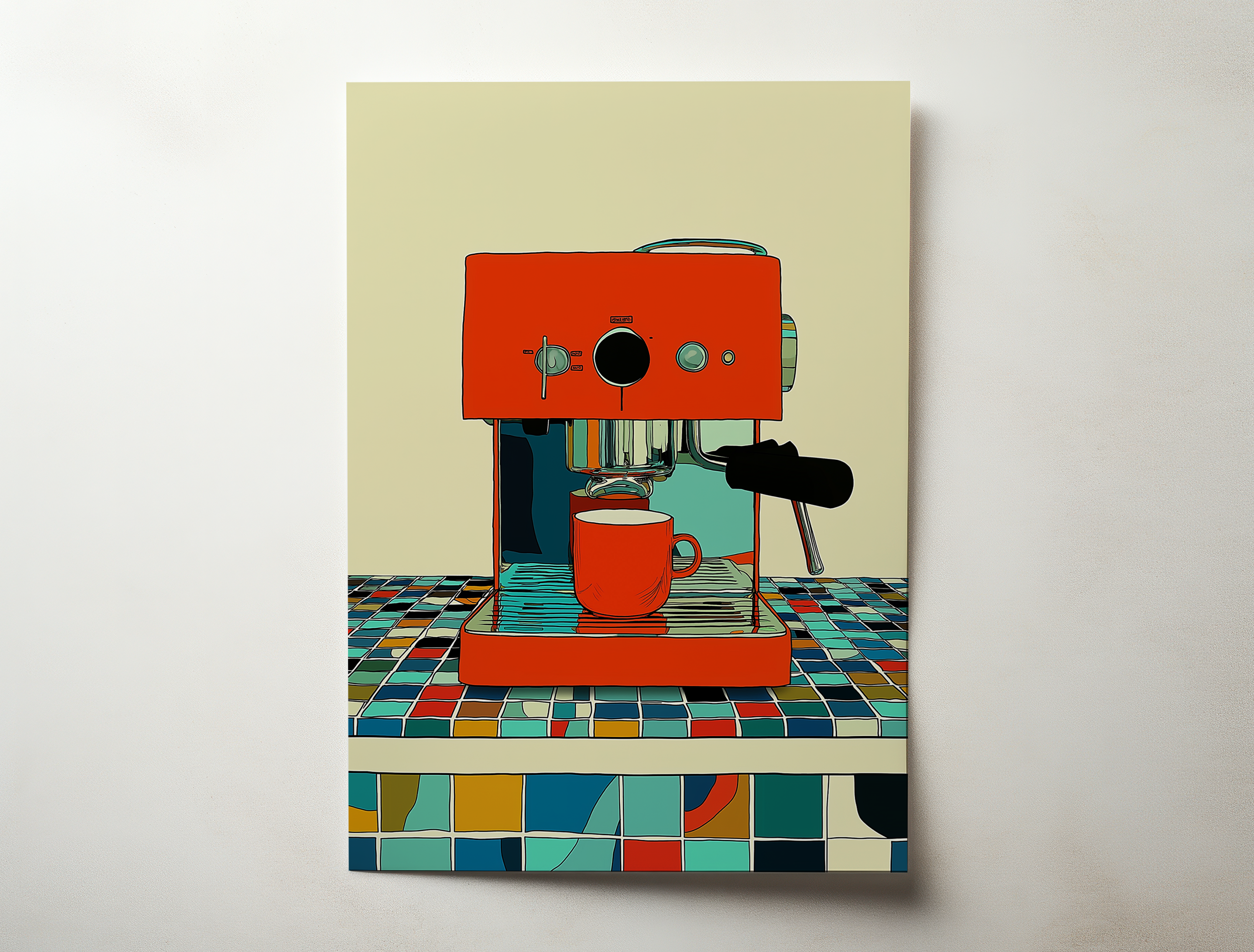 The Coffee Maker illustration wall art print showing a red espresso machine brewing coffee on a colorful tiled kitchen counter