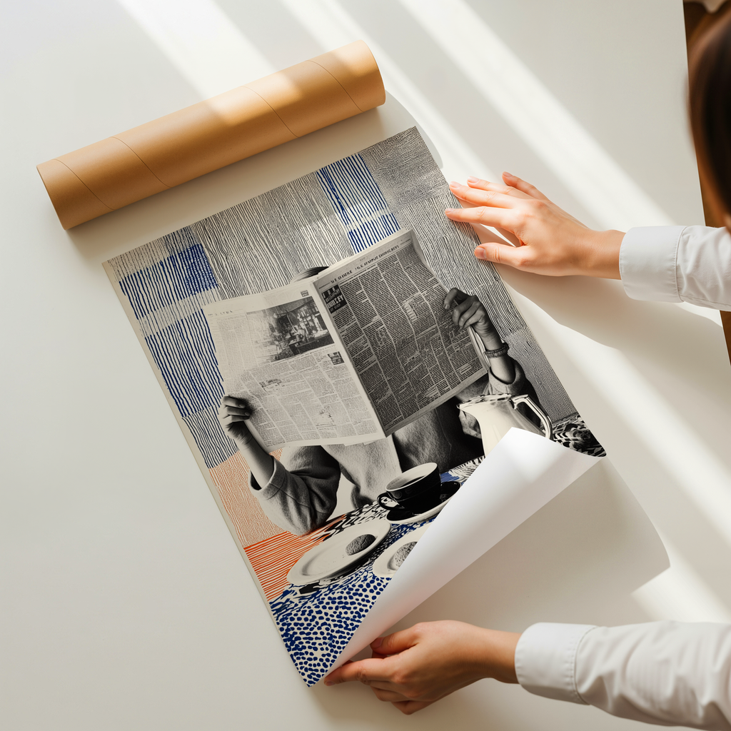 Morning Edition art print showing a person reading a newspaper at a breakfast table with coffee and pastries against a blue patterned background