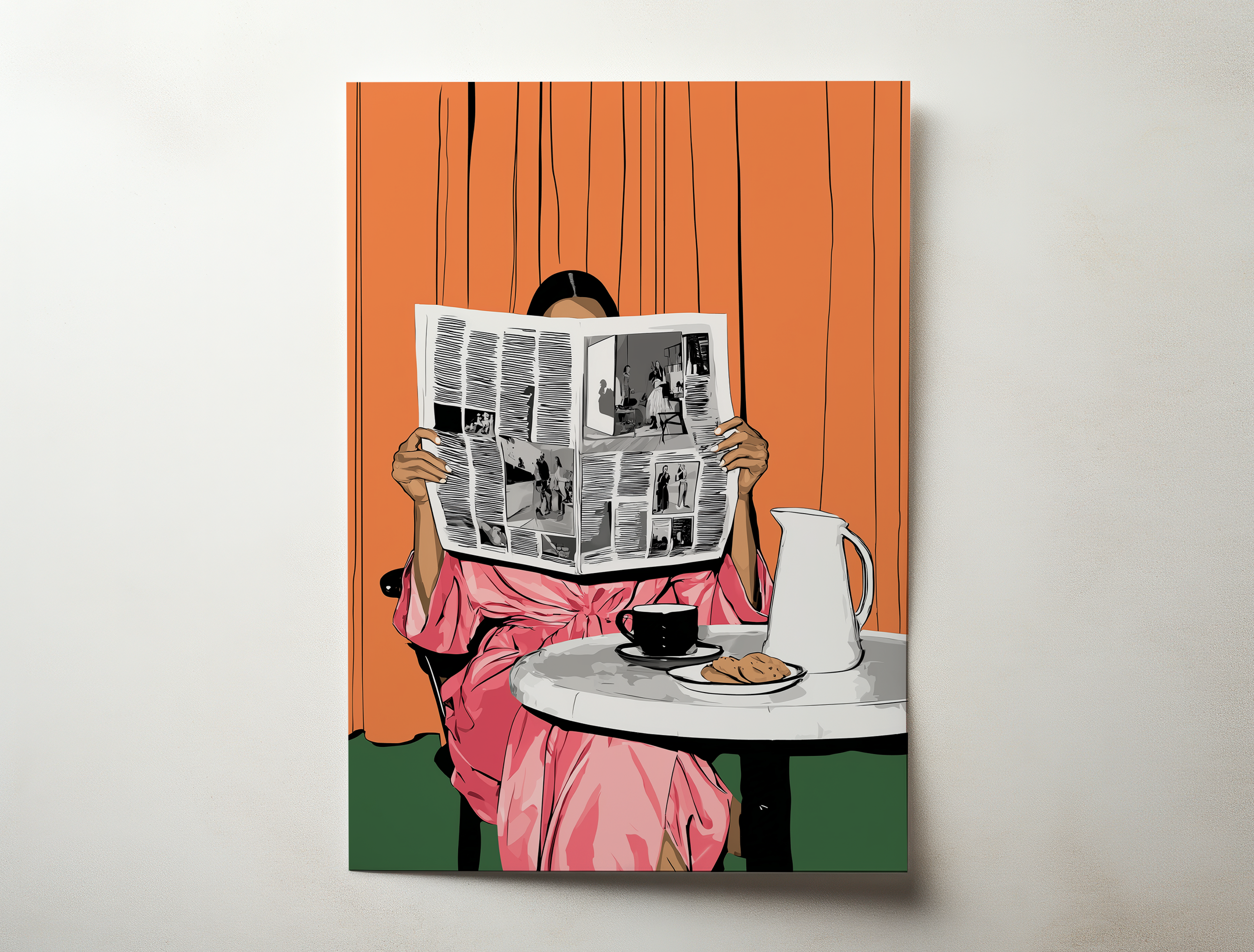 Press & Coffee illustration print showing a woman reading a newspaper at a café table with coffee and orange background