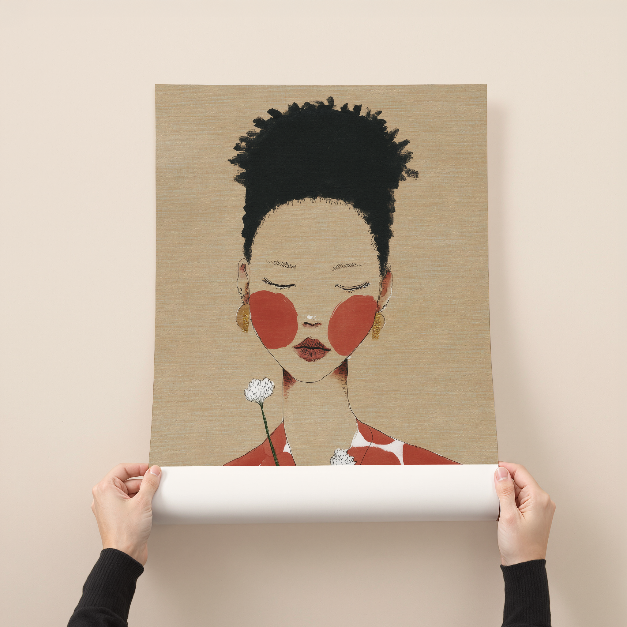 Modern illustrated female portrait art print in warm neutral tones with soft graphic details