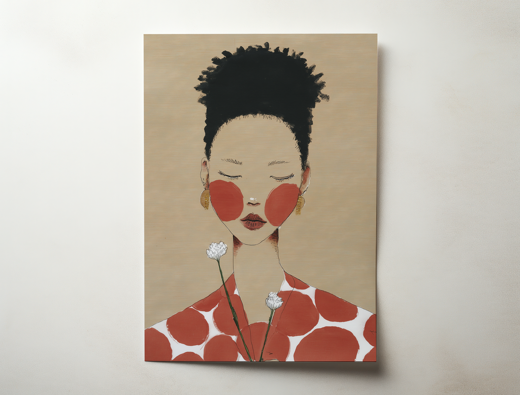 Modern illustrated female portrait art print in warm neutral tones with soft graphic details