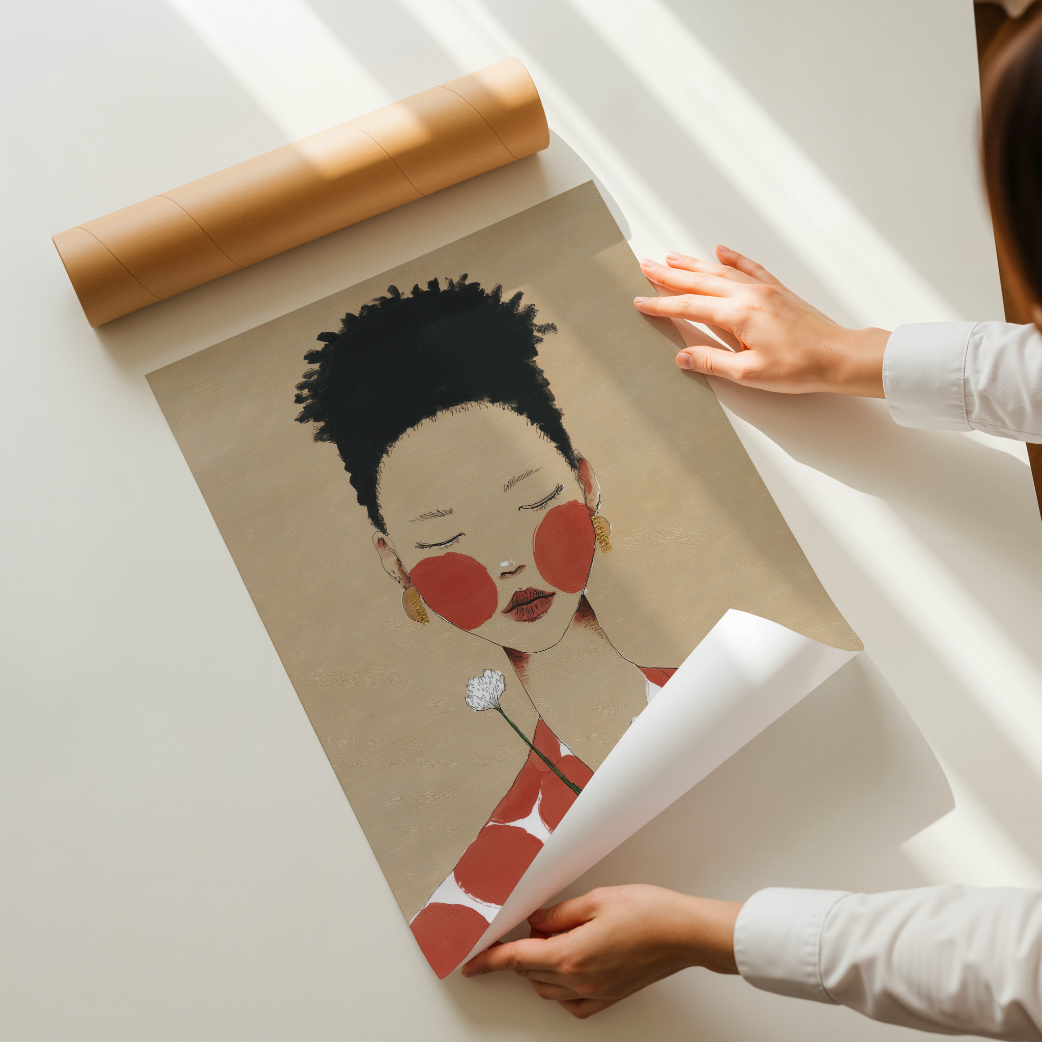 Modern illustrated female portrait art print in warm neutral tones with soft graphic details