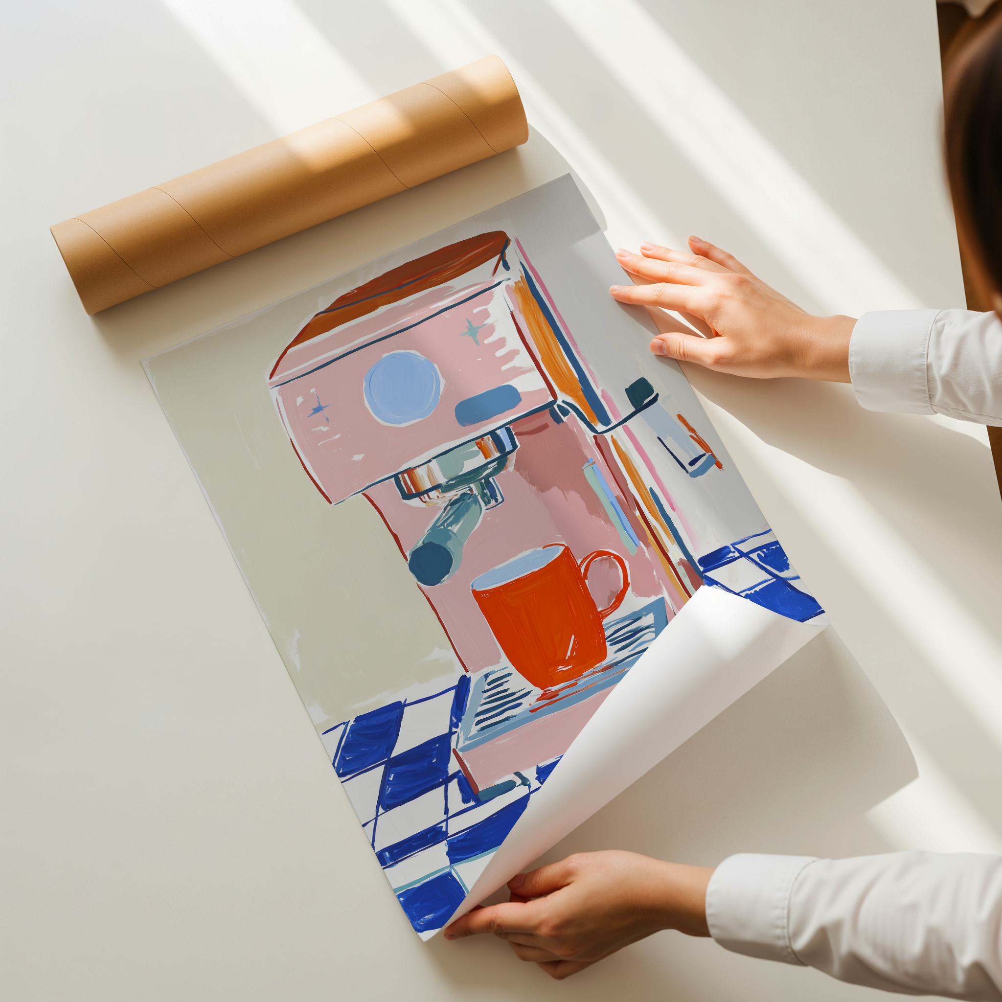 Modern illustration art print of a pink espresso machine and coffee cup in soft colors