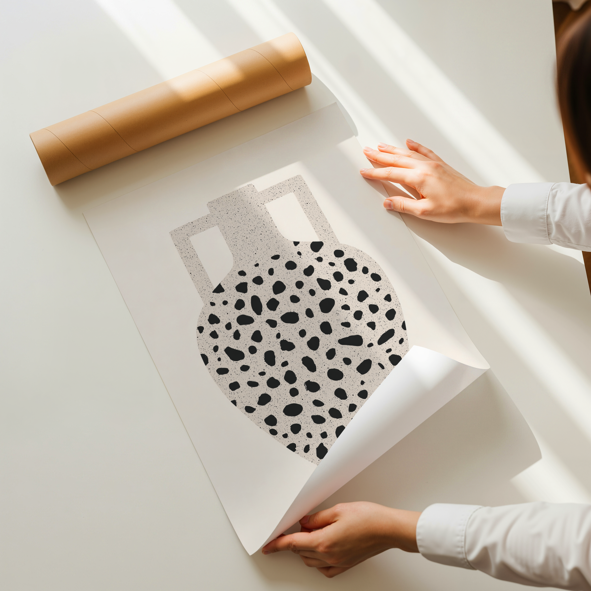 Minimalist terrazzo vase art print in black and white with neutral background