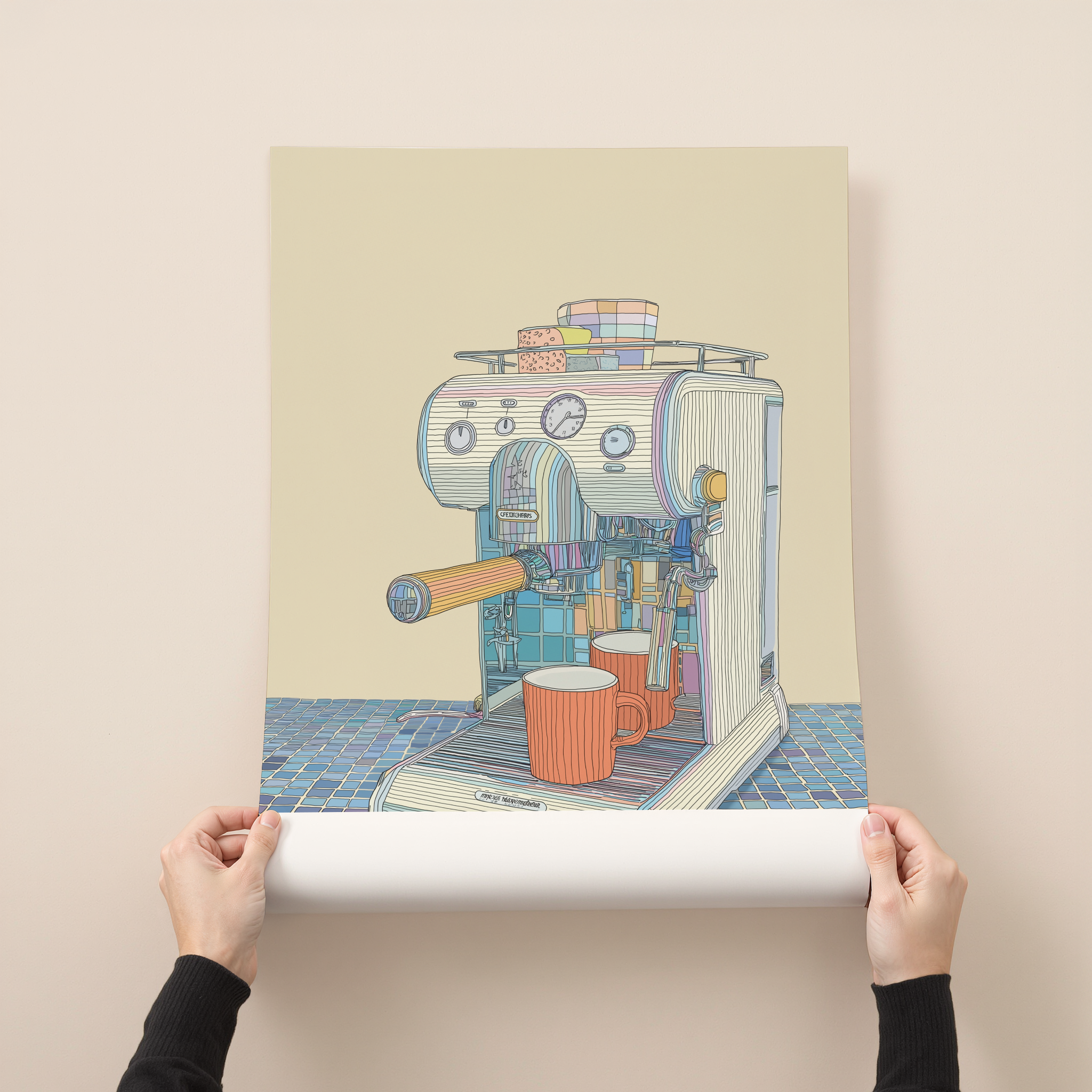 Barista Moment illustration wall art print showing a retro espresso machine brewing two cups of coffee on a tiled counter