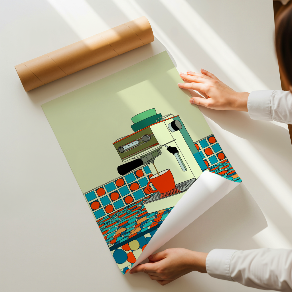 Brew Station retro illustration art print featuring an espresso machine brewing coffee on a colorful patterned kitchen counter