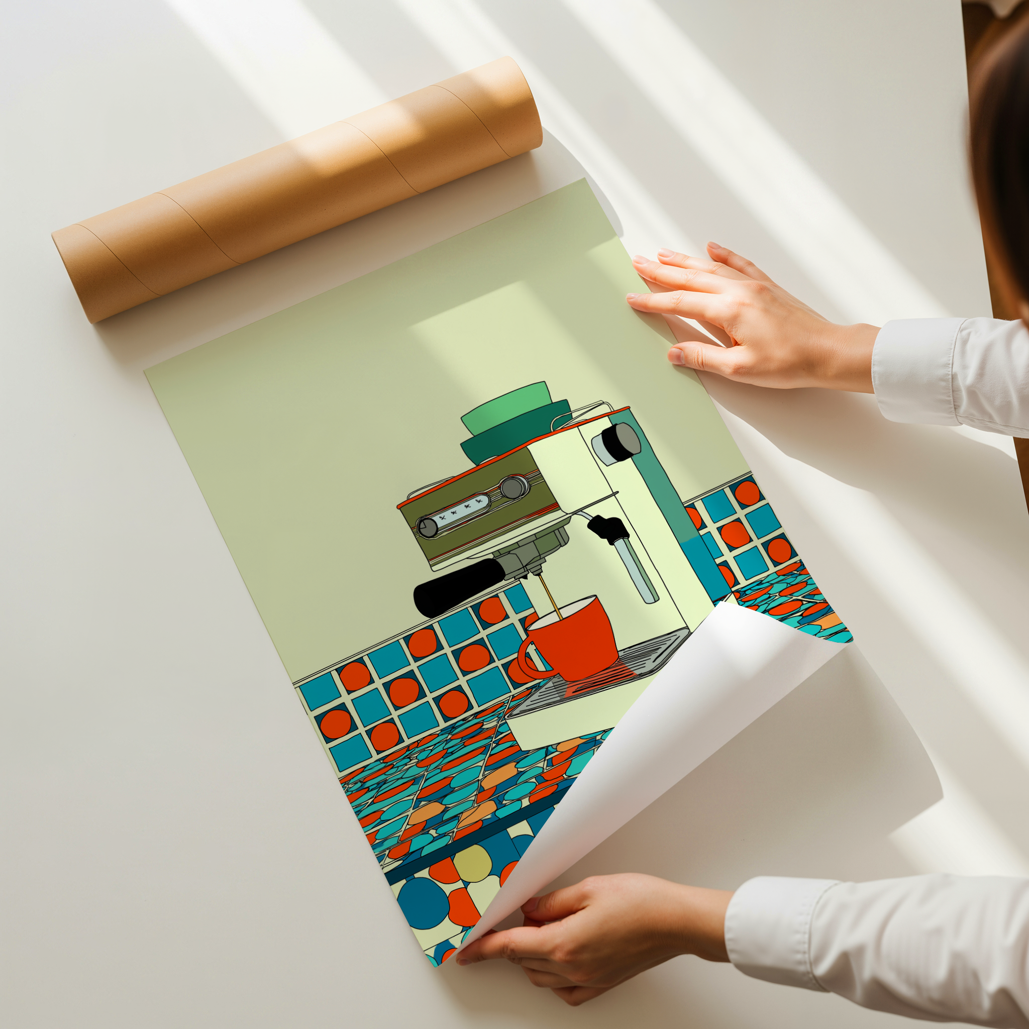 Brew Station retro illustration art print featuring an espresso machine brewing coffee on a colorful patterned kitchen counter