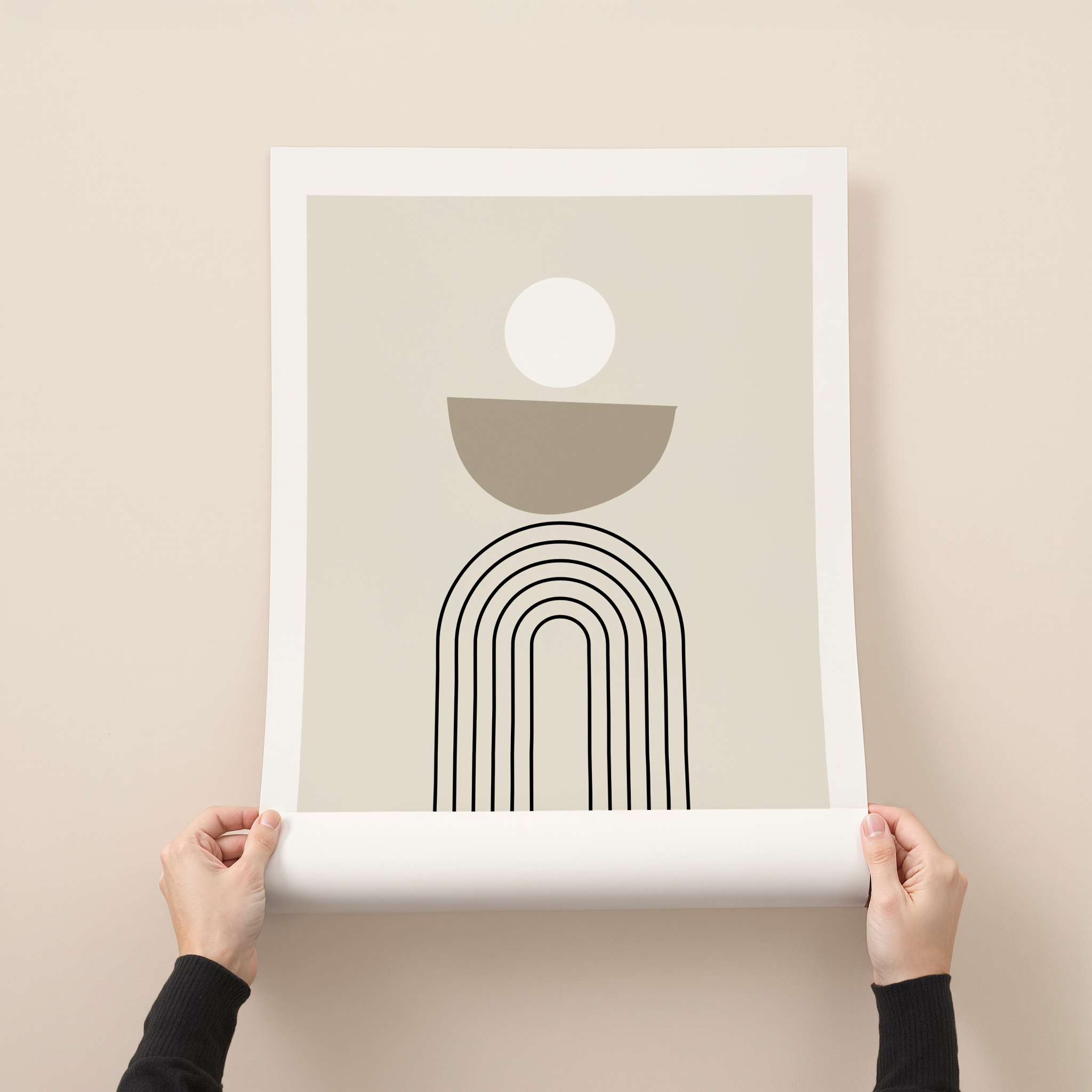 Minimalist abstract wall art print with geometric shapes, black arch lines, and soft neutral tones.
